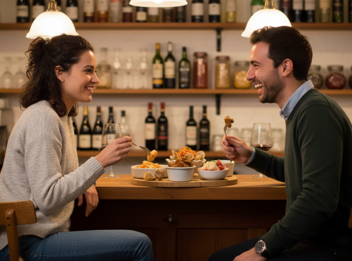 Two people sharing petiscos at a counter
