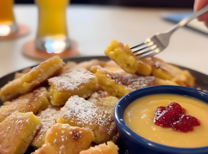 Apple strudel at Schneider Bräuhaus, warm with vanilla sauce and cream