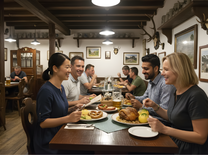 Roast pork at Zum Dürnbräu, candlelit table in a wood-panelled room