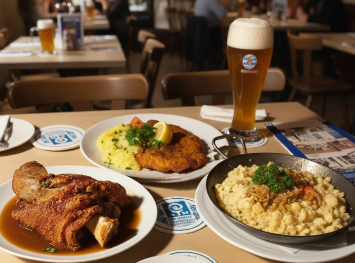 Evening lights on glasses at outdoor table with candles and food