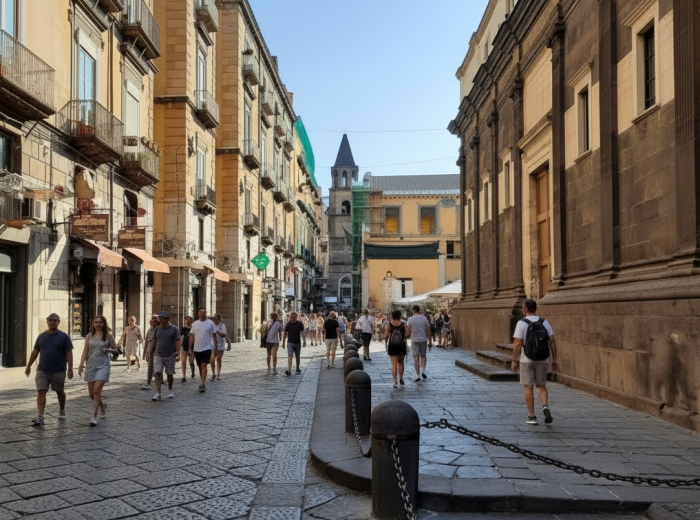 Morning light cutting hard shadows across Via dei Tribunali with shrine