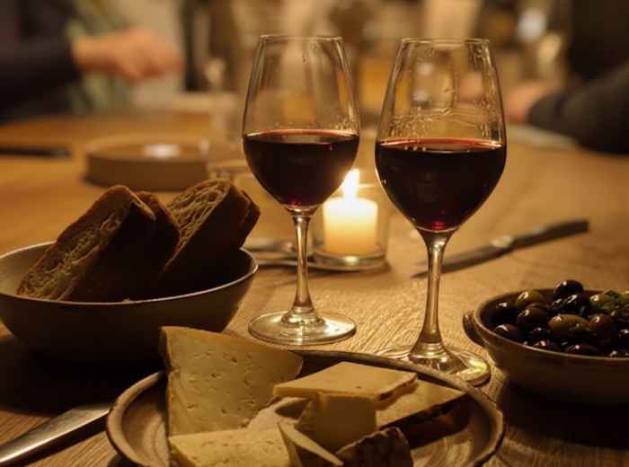 Candlelit wine bar table with two glasses