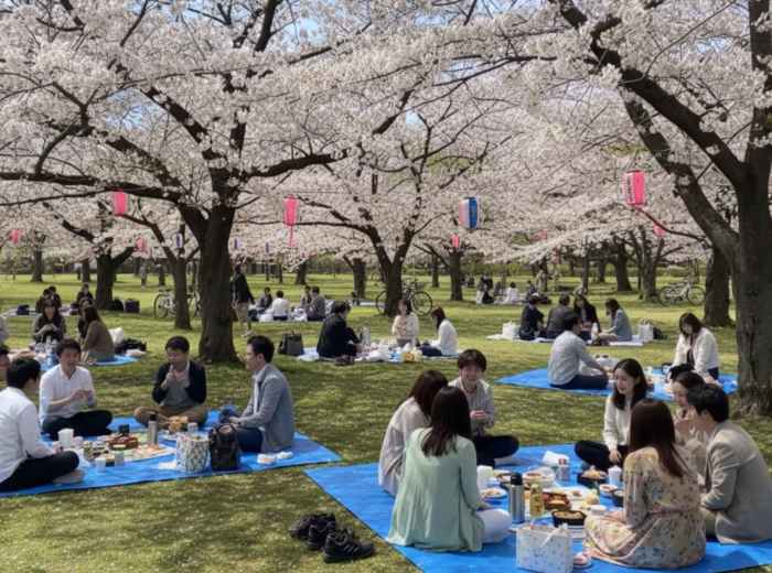 People gathered on blue tarps under cherry blossom trees during hanami