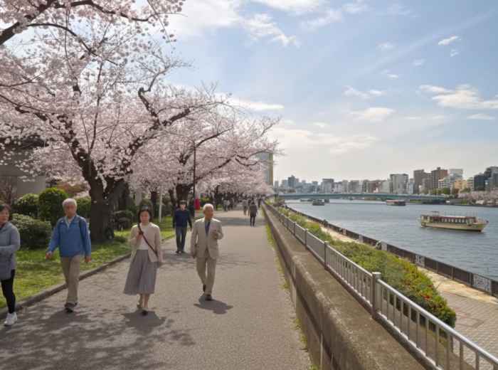 Wide view of Sumida River with sakura trees and boats