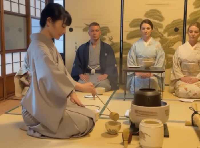 Kyoto tea ceremony with a host preparing matcha as guests sit on tatami mats