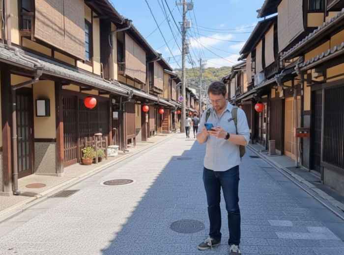 Traveler checking phone on a quiet Kyoto side street