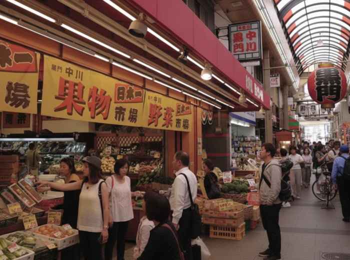 Covered Japanese market street with locals shopping for fresh produce