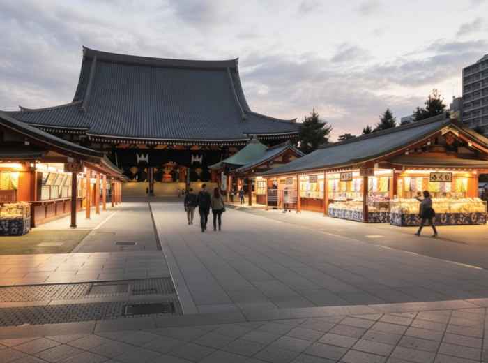 Dawn at Senso-ji temple courtyard with illuminated market stalls and visitors walking, Tokyo