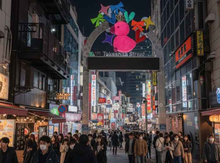 Crowded Takeshita Street in Harajuku with colorful shops, neon signs, and pedestrians