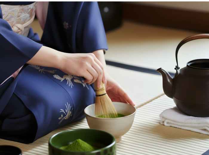 Whisking matcha tea in a traditional Japanese tea ceremony