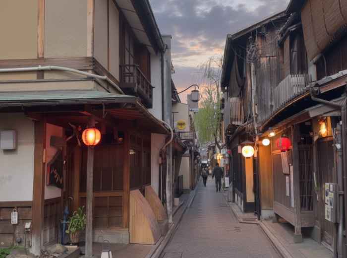 Traditional wooden machiya houses and lantern-lit street in Gion, Kyoto, near Yasaka Shrine