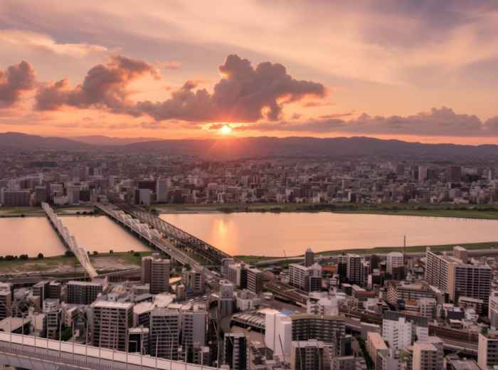 Osaka skyline at sunset viewed from the Umeda Sky Building