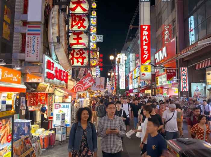 Crowds walking through Dotonbori at night under bright neon restaurant signs in Osaka