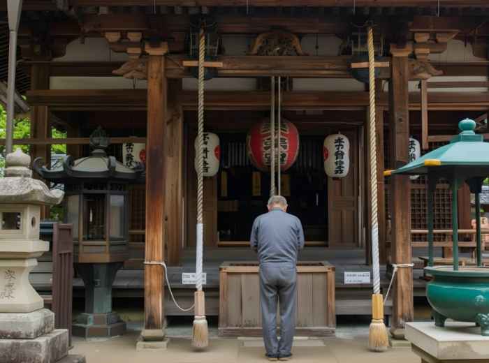 Elderly man praying at a traditional Japanese shrine, bowing before the altar