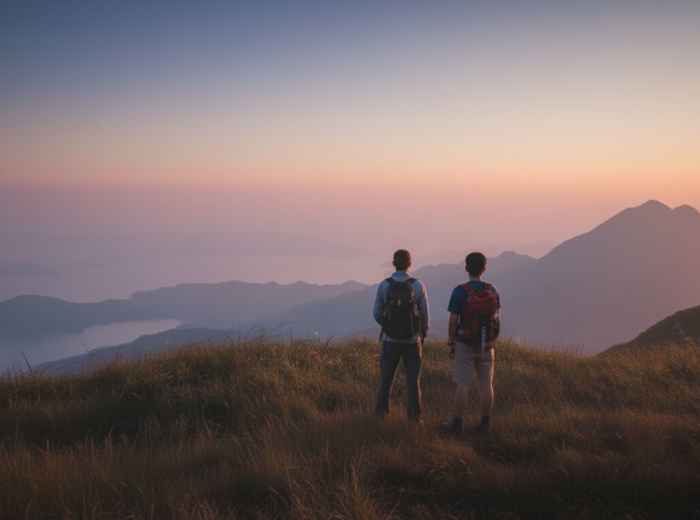 Hikers watching sunrise from Lantau Peak above clouds and distant Hong Kong islands