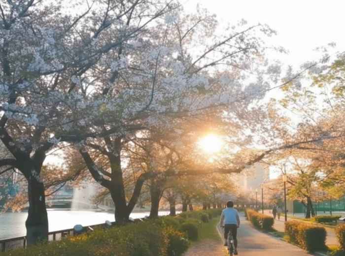 Cherry blossoms along a quiet riverside path in Osaka at sunset