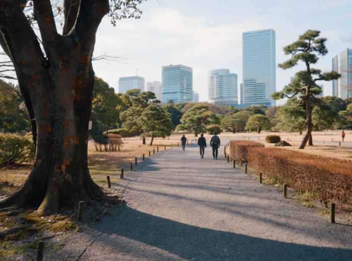 Path through Hamarikyu Gardens with Tokyo skyscrapers in the background