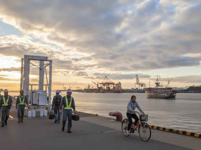 Dock workers and cyclists along Minato Harbor at sunset