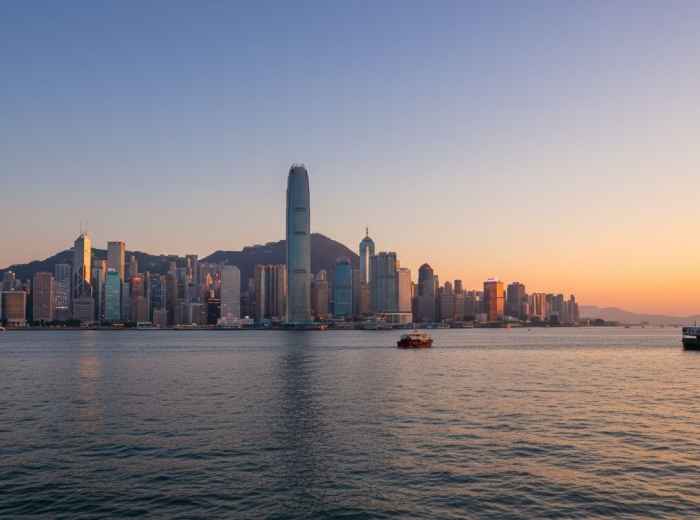Wide view of Hong Kong’s skyline at sunset 