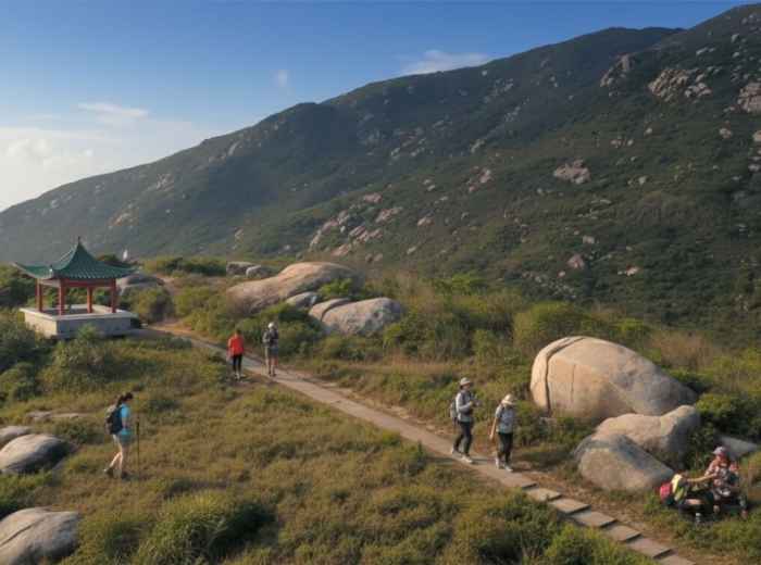 Hikers walking along a scenic trail on Lamma Island, Hong Kong,