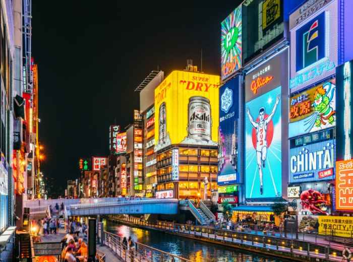 Neon signs along Dotonbori Canal at night