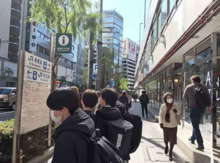 People walking along a busy Tokyo street with Japanese signage