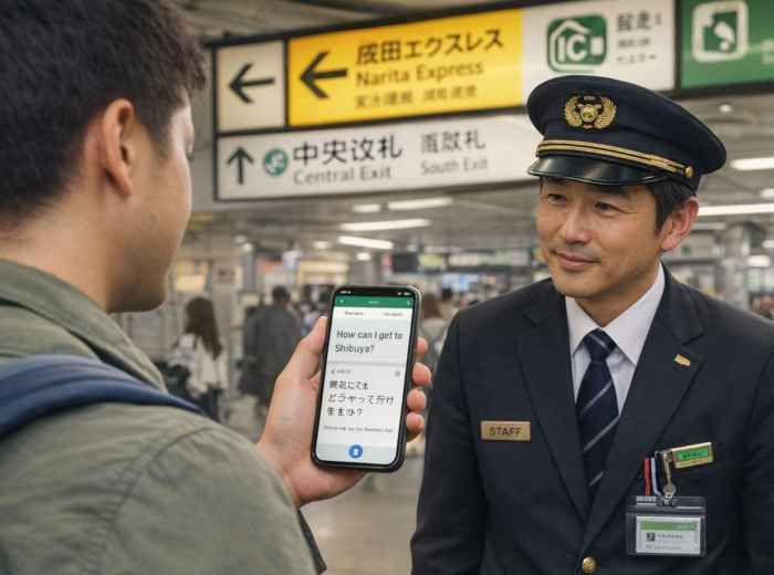 Traveler using a translation app to communicate with a local in Japan, showing how to manage language barriers