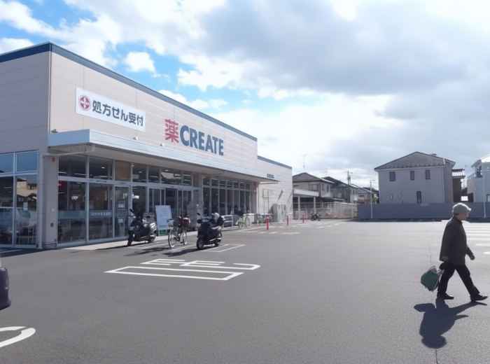 Exterior of a Japanese pharmacy with clear signage, showing easy access to medical supplies for travelers
