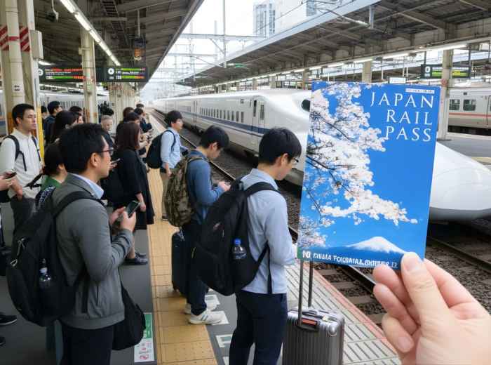 Traveler holding a Japan Rail Pass on a Shinkansen platform with passengers waiting to board