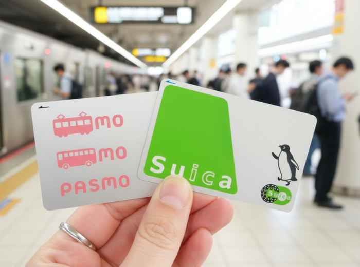 Suica and PASMO IC cards held inside a busy Japanese train station platform