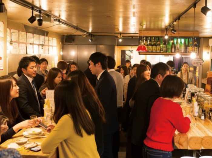 Tachinomiya standing bar with people eating and drinking in Tokyo