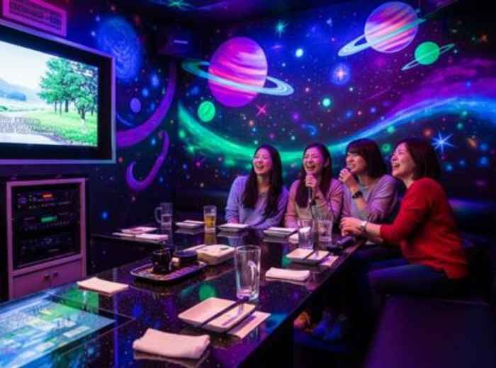 Karaoke in a private room with friends singing together at night