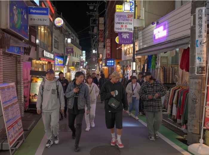 Thendy street in Shimokitazawa with glowing, colorful signs at night