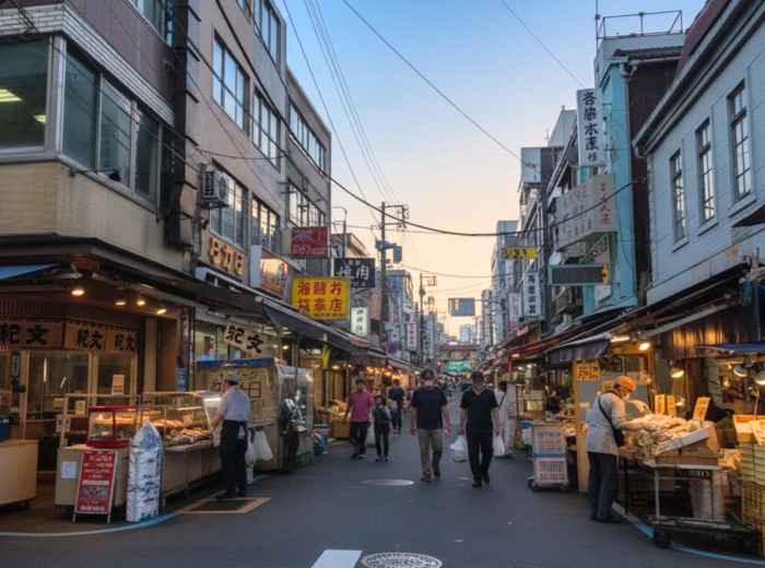 Early morning food stalls at Tsukiji’s outer market, Tokyo