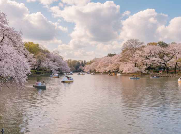 Wide shot of cherry blossoms over Inokashira Park's central pond 