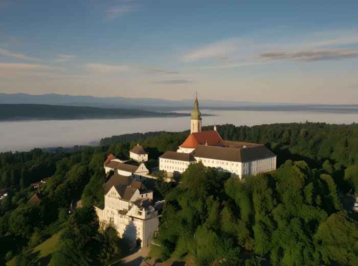 Terrace at Andechs Monastery above Ammersee at sunset