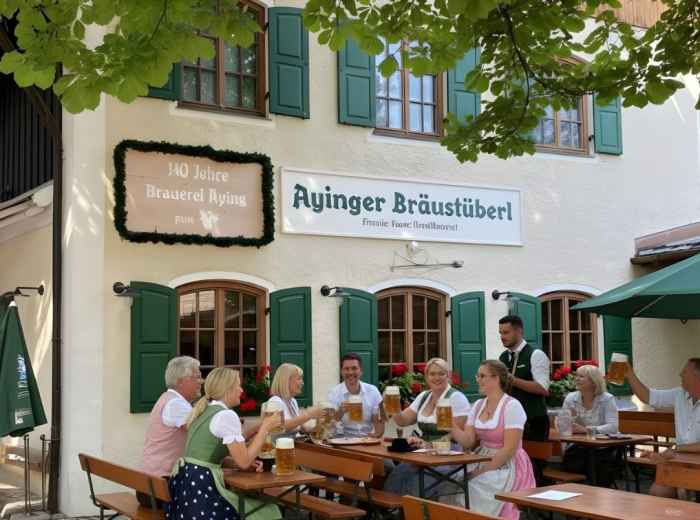 Aying village beer garden with steins and chestnut shade