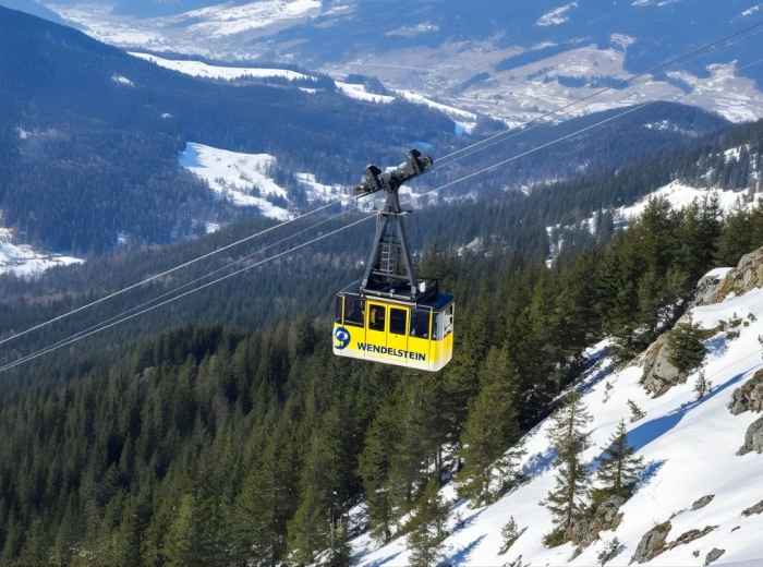 Wendelstein cable car above alpine meadows and peaks