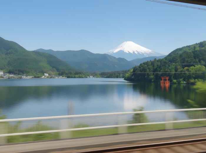 Mount Fuji snow-capped peak viewed from Shinkansen bullet train window