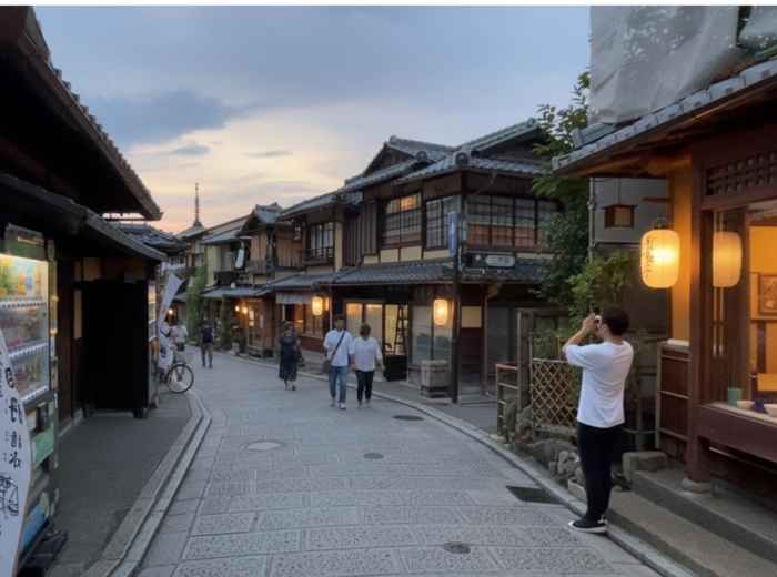 Traditional street in Kyoto’s historic district at dusk, with wooden machiya houses