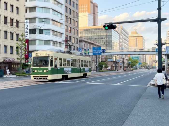 Hiroden streetcar running through central Hiroshima, with pedestrians and city streets in the background