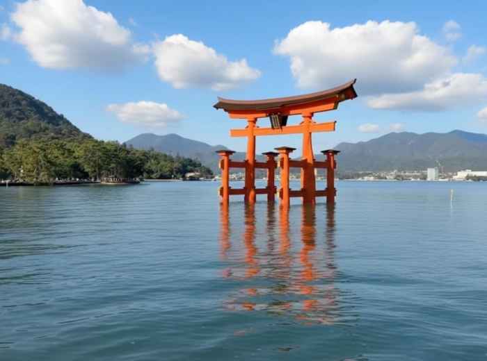Floating torii gate at high tide with mountains in the background