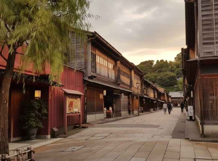 Glowing tea houses in Higashi Chaya district, Kanazawa, at night on quiet streets