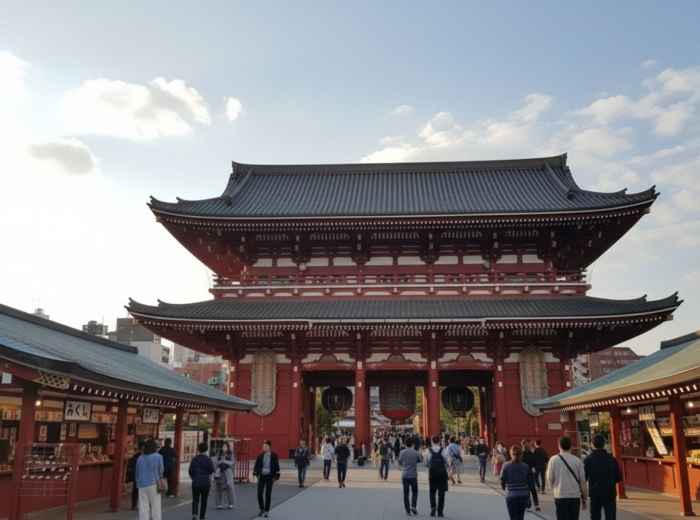 Senso-ji Temple lantern with Nakamise street stalls in Asakusa, Tokyo