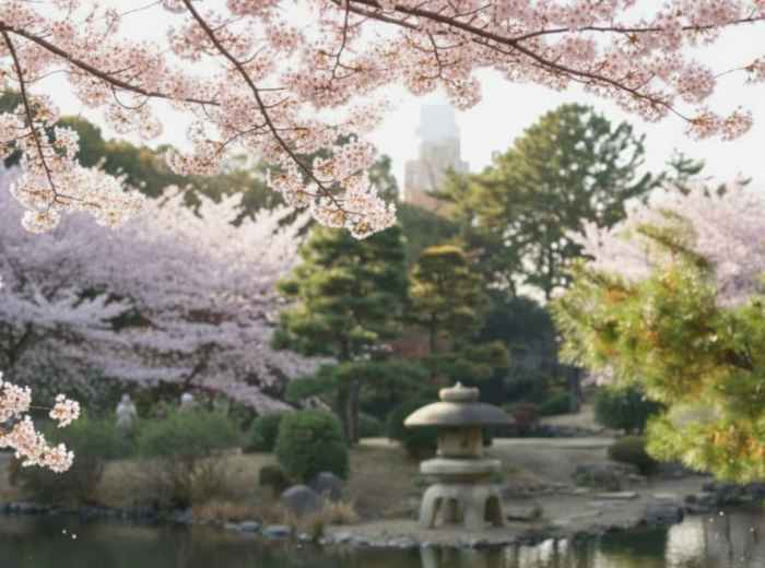 Shinjuku Gyoen garden with blooming cherry blossoms