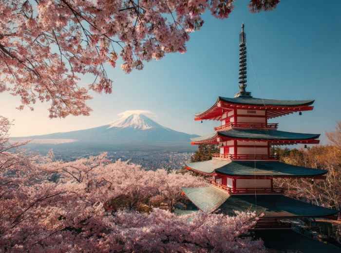 Mount Fuji and Chureito Pagoda with Cherry Blossoms