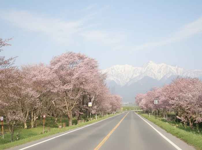Cherry blossoms blooming with snow-capped mountains background Hokkaido
