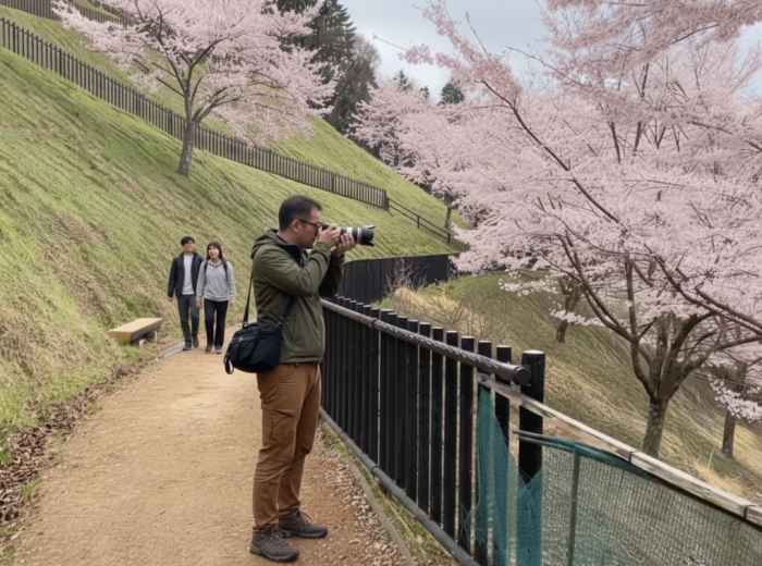 Photographer taking pictures of cherry blossoms in morning light
