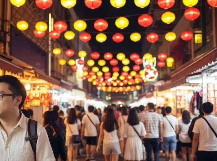 Crowded Temple Street Night Market in Hong Kong at night