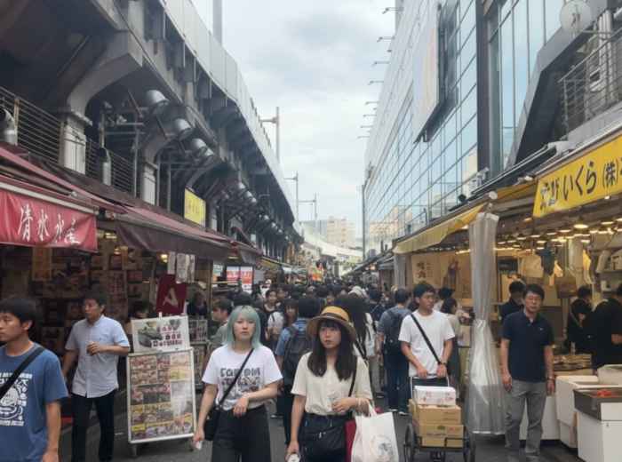 Ameyoko street foods market with multiple vendor stalls and shoppers browsing